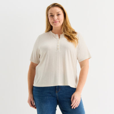 Liz Claiborne Womens Plus Split Crew Neck Short Sleeve T-Shirt