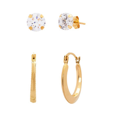 White Cubic Zirconia 10K Gold 2 Pair Earring Set