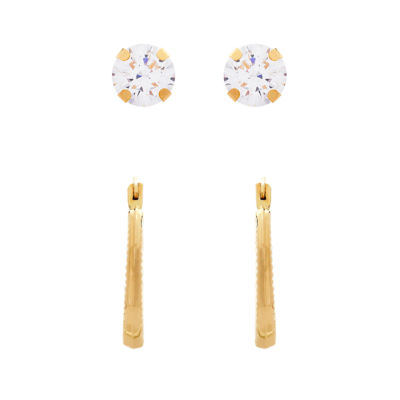 White Cubic Zirconia 10K Gold 2 Pair Earring Set