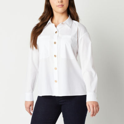 womens white button down collar long sleeve shirt
