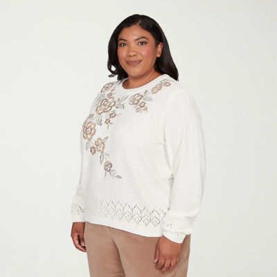 Alfred Dunner Plus Vienna Womens Crew Neck Long Sleeve Floral Pullover Sweater