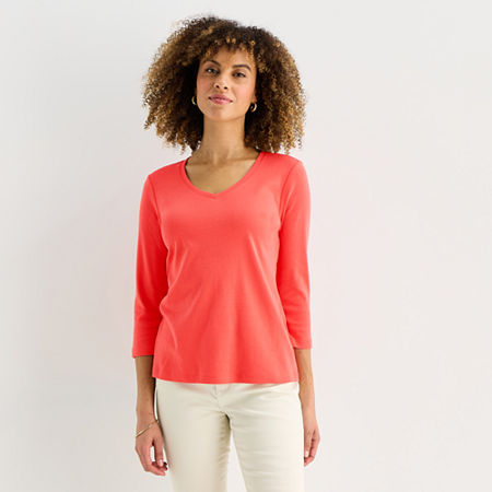 St. John's Bay Womens Tall V Neck 3/4 Sleeve T-Shirt, Small Tall, Pink