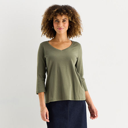 St. John's Bay Womens Easy-on + Easy-off V Neck 3/4 Sleeve Adaptive T-Shirt, Medium, Green