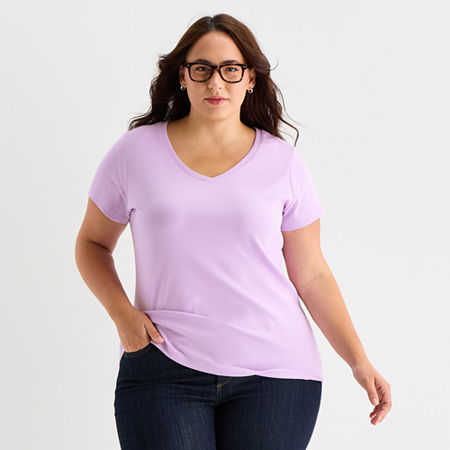 St. John's Bay Womens Plus V Neck Short Sleeve T-shirt In Multi