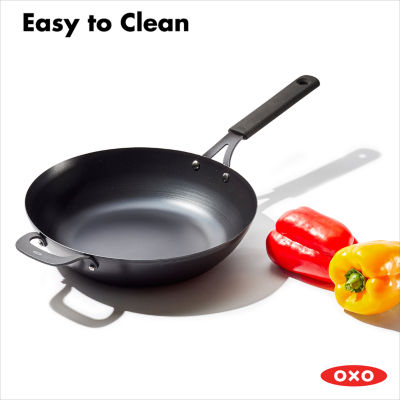 OXO Black Steel 12" Wok with Helper Handle & Silicone Sleeve