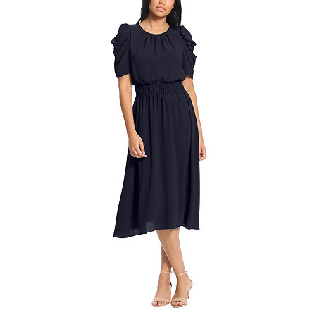 1940s Fashion Advice for Tall Women London Style Ruched Sleeve Short Sleeve Midi Fit  Flare Dress 8  Blue $47.19 AT vintagedancer.com
