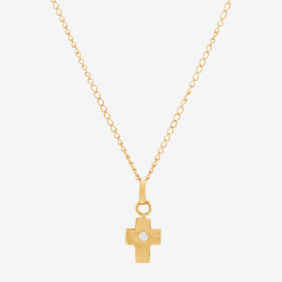 Girls White Diamond 14K Gold Cross Pendant Necklace