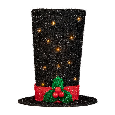 9.25'' Lighted Black Tinsel Top Hat Christmas Tree Topper  Clear Lights