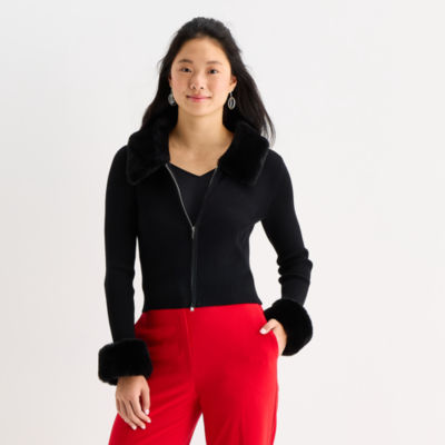 by&by Womens Long Sleeve Zipper Juniors Cardigan, Color: Black