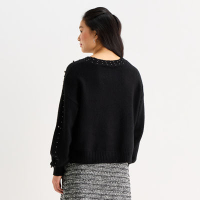 by&by Juniors Womens Crew Neck Embellished Long Sleeve Pullover Sweater