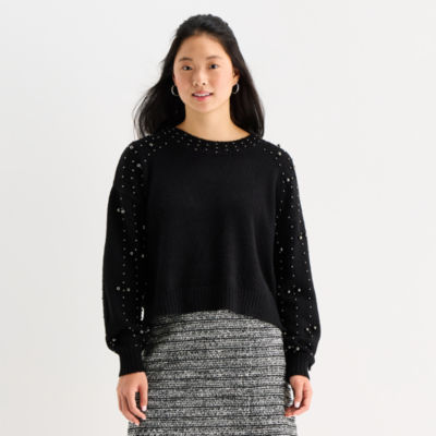 by&by Juniors Womens Crew Neck Embellished Long Sleeve Pullover Sweater