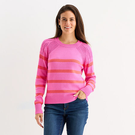 St. John's Bay Womens Crew Neck Long Sleeve Striped Cable Knit Pullover Sweater In Pink