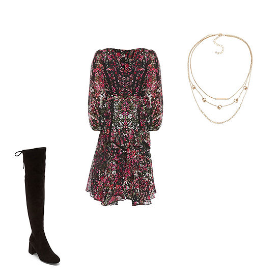 Fit & Flare Midi Dress, Liz Claiborne Knee-High Boots, a.n.a Necklace