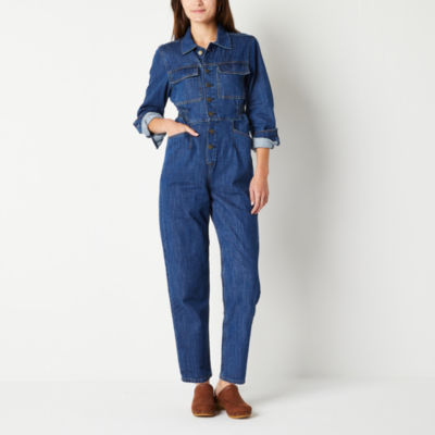 a.n.a Denim Long Sleeve Jumpsuit, Color Med River Rock JCPenney