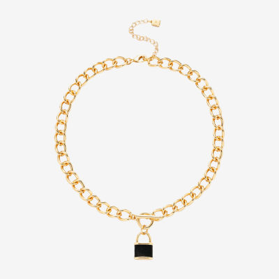 Worthington Gold Tone & Black Leather Lock 17 Inch Curb Pendant Necklace