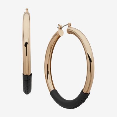 Worthington Gold Tone & Black Leather Wrap Hoop Earrings