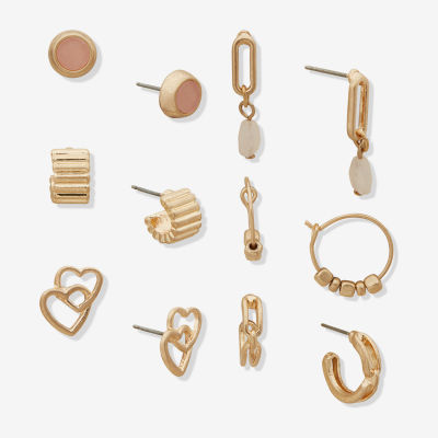 a.n.a Gold Tone Semi Precious Rose 6 Pair Quartz Heart Earring Set