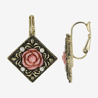 1928 Gold Tone & Pink Crystal Flower Drop Earrings