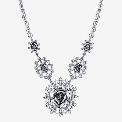 1928 Silver Tone Crystal 16 Inch Rope Flower Statement Necklace