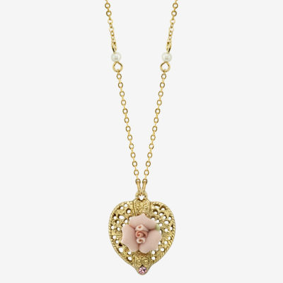 1928 Gold Tone & Pink Simulated Pearl 16 Inch Link Flower Heart Pendant Necklace