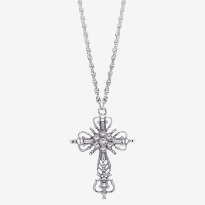 1928 Silver Tone Crystal 30 Inch Rope Cross Pendant Necklace