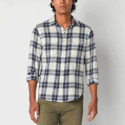 mutual weave Mens Regular Fit Long Sleeve Plaid Brushed Slub Button-Down Shirt