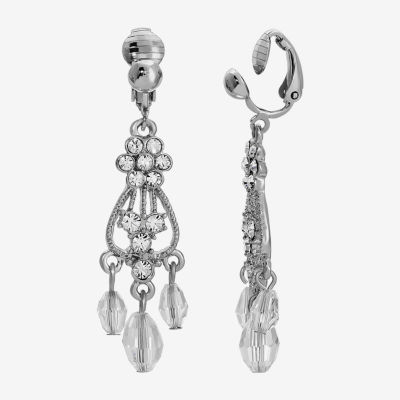 1928 Silver Tone Crystal Flower Clip On Earrings