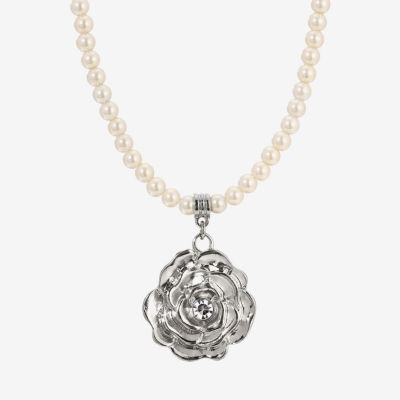 1928 Silver Tone Simulated Pearl 16 Inch Bead Flower Pendant Necklace