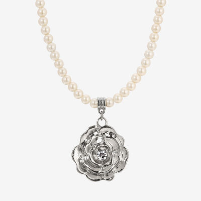 1928 Silver Tone Womens Simulated Pearl Alloy Flower 16 Inch Pendant Necklace