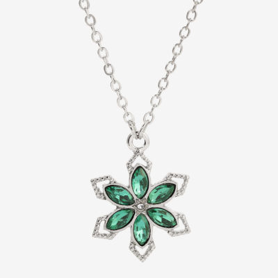 1928 Silver Tone & Green Crystal 16 Inch Link Flower Pendant Necklace