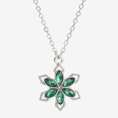 1928 Silver Tone & Green Womens Green Crystal Alloy Flower 16 Inch Pendant Necklace