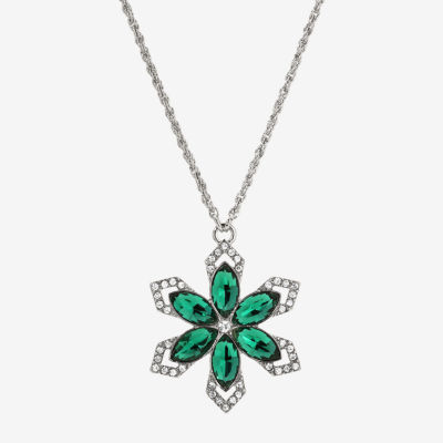 1928 Silver Tone & Green Crystal 16 Inch Link Flower Pendant Necklace