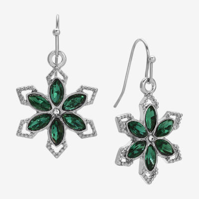 1928 Silver Tone & Green Crystal Flower Drop Earrings
