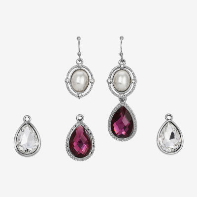 1928 Silver Tone & Purple Interchangeable Drop 3 Pair Simulated Pearl Earring Set