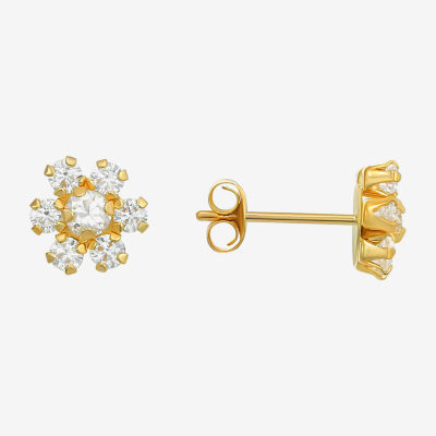 White Cubic Zirconia 10K Gold 7.5mm Flower Stud Earrings