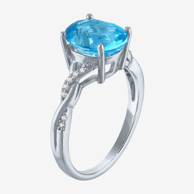 Womens Genuine Blue Topaz Sterling Silver Oval Crossover Side Stone Cocktail Ring