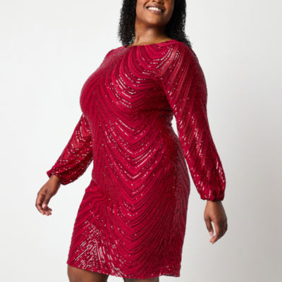 Premier Amour Womens Long Sleeve Sequin Shift Dress Plus