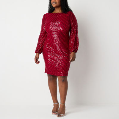 Premier Amour Womens Long Sleeve Sequin Shift Dress Plus