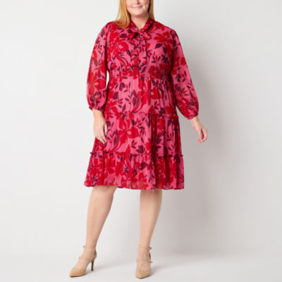 Liz Claiborne Womens Long Sleeve Floral Midi A-Line Dress Plus