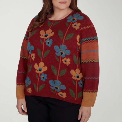 Alfred Dunner Plus Womens Crew Neck Long Sleeve Floral Pullover Sweater