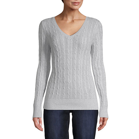 St. John's Bay Cable Womens V Neck Long Sleeve Pullover Sweater