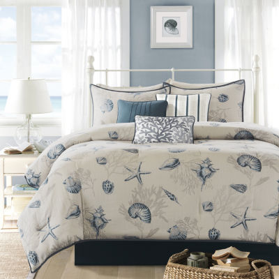 Madison Park Nantucket Quilted Coverlet Set Polyester 6-pc Full/Queen coverlet: 68x90 For kids Bedroom decor Blue seashells teens and adults Full/Queen size 