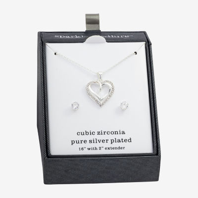 Sparkle Allure Womens Cubic Zirconia Pure Silver Over Brass Heart 2-pc. Jewelry Set