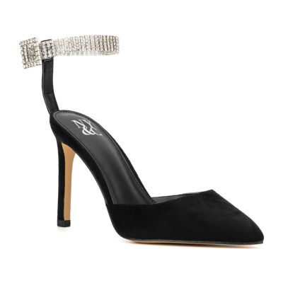 Delina Pointed Toe High Heels With Diamante Bow Strap In Black Fine Glitter  By Where's That From