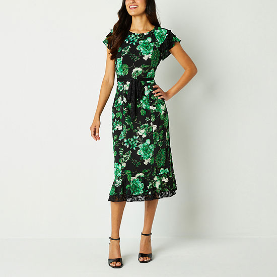 Perceptions Short Sleeve Floral Midi Fit + Flare Dress, Color: Green ...