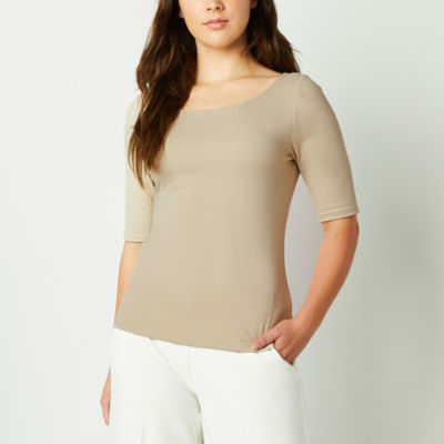 Worthington Womens U Neck Elbow Sleeve T-Shirt