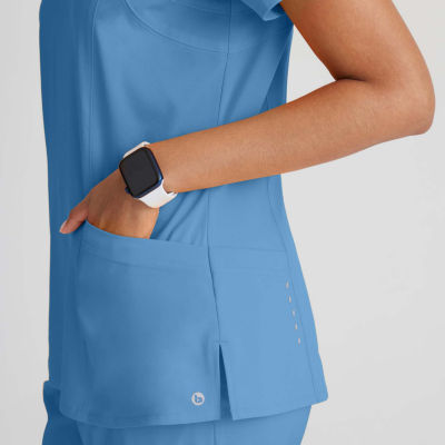 Barco One 5105 Racer 4-Pocket Womens V Neck Short Sleeve Tag Free Stretch Fabric Moisture Wicking Scrub Top