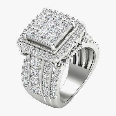 Womens 4 CT. T.W. Natural White Diamond 10K White Gold Cushion Halo Engagement Ring