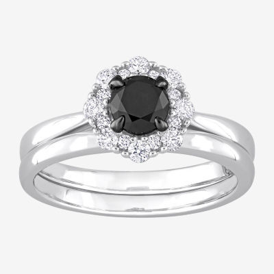Womens 1 CT. T.W. Natural Black Diamond 14K White Gold Round Halo Bridal Set