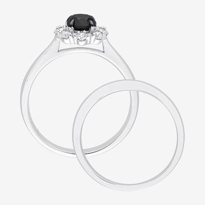 Womens 1 CT. T.W. Natural Black Diamond 14K White Gold Round Halo Bridal Set